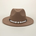 Cappello fedora marrone in lana con nastro nero e decorazioni di perle da donna - M (56-58cm) / Cachi