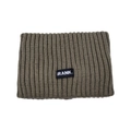 Detail of army green ribbed knit headband featuring a stitched black RANK brand label - Dark Mud Green
