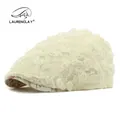 Béret beige élégant pour femme avec fleurs en dentelle 3D et doublure à fleurs - Réglable / Beige