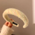 Sweet light yellow plush headband with colorful stripes for a high-volume hair look - Plush Yellow