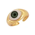 Adjustable copper evil eye ring with micro-set green eye in vibrant gold finish - Gray Green - Evil Eye