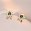 Golden flower stud earrings with green emerald stone and white zircon petals - Emerald Green Floral Style (E0780)