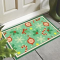 Christmas door mat with deep green background, festive ornaments, and candy cane patterns - Dark Green Starry Christmas(CHDT-2024-01243)