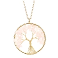 Detail of handmade wire-wrapped Tree of Life pendant with pink crystal stones - Gold + Rose Quartz