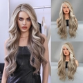 Lace front long wavy wig in ombre golden and ash brown mix shown on model and mannequin - 70cm / Ash Grey With White Highlights