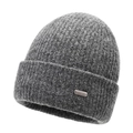 Unisex grey ribbed knit beanie with silver metallic logo tag for winter warmth - One Size / Dark Gray