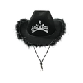 Black western cowboy party hat with feather trim and a sparkling rhinestone crown design - Black Feather with Silver Thread / Adult Size (58cm)