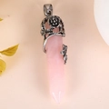 Pink quartz hexagonal column necklace pendant with silver rose flower alloy detail - Rose Quartz