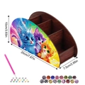 DIY diamond painting pen holder with wood grain finish and cat design, 3-slot storage - Cat