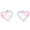 Pink heart stud earrings with rectangular clear gemstone and micro-pave crystals - Silver Pink