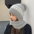 Grey knit winter hat with matching neck warmer and large pompom, side wave pattern - Gray