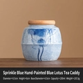Blue ceramic tea canister with hand-painted blue lotus and bamboo lid, 250ml capacity - Sprinkled Blue Hand Painted - Blue Lotus