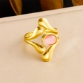 Vintage 18K gold-plated stainless steel ring with pink gemstone in liquid metal style - Liquid Metal Pink Cat's Eye Style (R522) / Adjustable Open