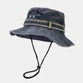 Close-up of retro washed denim sun hat with embroidery and adjustable windproof strap - Navy Blue