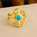 Vintage 18K gold plated stainless steel ring with sunburst turquoise stone detail - Radiant Star Turquoise Style (R514) / Adjustable Open