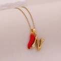 Gold stainless steel necklace with crystal letter N pendant and red chili charm - Letter N(N)