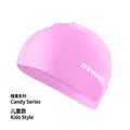 Pink kids' swimming cap featuring DEWAVE logo with high-elastic fabric for comfort - Candy Series Pink Kids