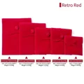 Vintage red velvet jewelry snap pouches displayed in five sizes from small to extra large - Arc / Small (7x7cm) / Red