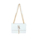 Quilted white underarm bag with gold SS logo, metal tassel and double chain strap - White
