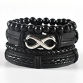 Four-piece stacked black leather bracelet set featuring an infinity symbol charm on white - Black Infinity Symbol Combo (TZ4-6)