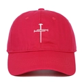 Close-up of white cross embroidery made of nails on a red cotton baseball cap - Adjustable / Rose Red