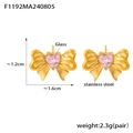 Orecchini a fiocco in acciaio placcato oro con pietre di vetro rosa a cuore - Orecchini Bottone Fiocco Cuore Vetro Rosa (F1192) / Oro Vetro Rosa
