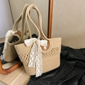 Handwoven straw tote bag in beige featuring a white lace bow and pearl button closure - Khaki With Satin Scarf