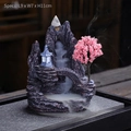 Resin backflow incense burner with blue pavilion and pink cherry tree scenery - Traditional Landscape (Pink Tree)