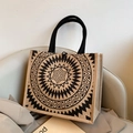 Grande borsa in lino con motivo mandala nero e robusti manici neri per il lavoro - Fantasia Floreale Completa
