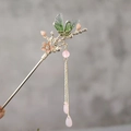 Vintage haarspeld met groene libel, roze bloem en lange gouden kwastjes voor hanfu - Groene Libel