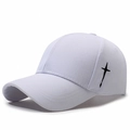 White cotton baseball cap with black cross side embroidery and curved brim in 45-degree view - Adjustable / White
