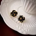 Vintage black enamel flower earrings with gold trim in a blooming camellia shape - Black Floral Drip Oil (49#)