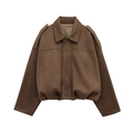 Coffee brown oversized faux suede bomber jacket with retro lapel and zip closure - S / Dark Brown