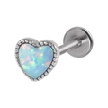 Heart-shaped surgical steel labret stud featuring a vibrant teal blue opal inlay - OP26 (Blue-Green Iridescent)