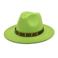 Close-up of neon green fedora hat with brown leather band and vintage metal studs - M (56-58cm) / Fruit Green