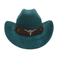 Vintage teal ethnic style cowboy hat featuring a brown bull head leather band decoration - Dark Green