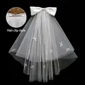 Short white double-layered bridal veil with satin bows and a sturdy metal hair clip - White Large Bow Hair Clip