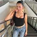 Chic black square neck cropped vest paired with jeans on a realistic staircase background - S / Black