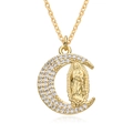 Close-up of gold crescent moon pendant featuring a Virgin Mary relief and zircon stones - Virgin Mary Moon (D011)