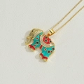Zircon elephant pendant necklace with green and red enamel in 14K gold plated finish - Lake Blue Elephant