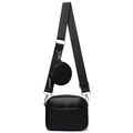 Sac bandoulière noir matelassé avec sangle réglable et un petit porte-monnaie rond - Noir