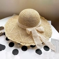 Beige wide-brim straw sun hat with lace ribbon bow detail for women beach wear - M (56-58cm) / Beige