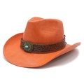 Detail of orange straw cowboy hat featuring leather band with turquoise stone embellishment - M (56-58cm) / Orange