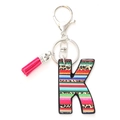 Rainbow stripe and leopard print letter K keychain with pink tassel and silver clasp - Letter K