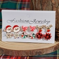Christmas stud earring set featuring reindeer, snowflakes and bows on wood display - Style B (6 Pairs Set - Santa/Reindeer/Rhinestone)
