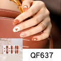 Detail of pink and orange heart nail stickers with gold foil accents on model hands - Orange Red Heart Gold Foil Sequins Style (QF637)