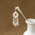 Silver hollow hair pin with red bead and four feather tassel pendants in ethnic style - Red Bead Feather Tassel (F141-2)