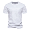 Close-up of white slim fit T-shirt featuring geometric textured embroidery and S size tag - S / Pure White