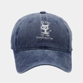 Close-up of washed cotton texture and funny cat print on blue distressed baseball cap - Adjustable / Navy Blue