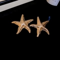 Detailansicht goldener Seestern-Ohrringe mit strukturierter Metalloberfläche auf Schwarz - Silberohrstecker-Seestern-Ohrringe / Gold